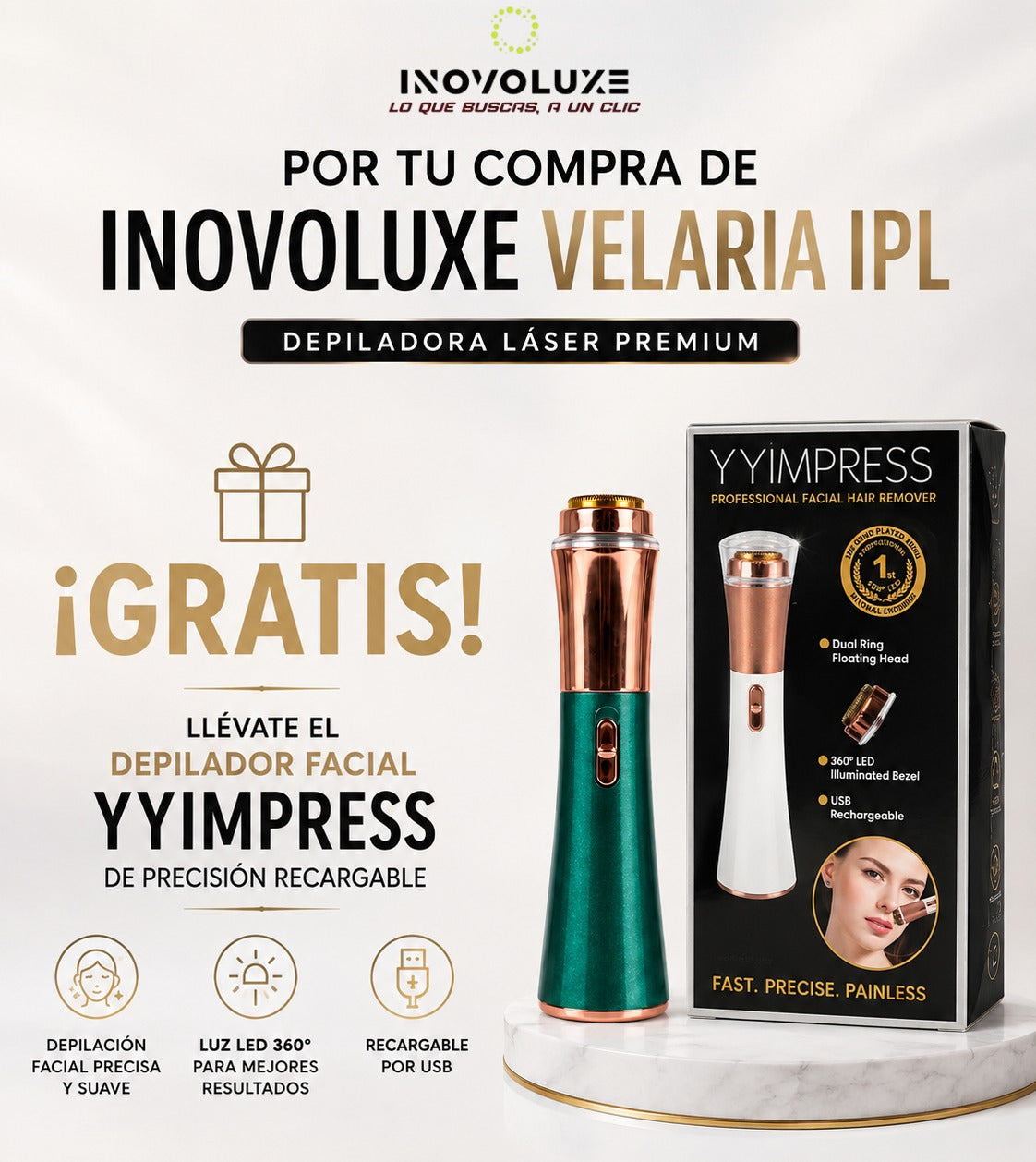 Inovoluxe Velaria IPL - Depiladora Láser Premium y lleva GRATIS Depilador Facial Yyimpress
