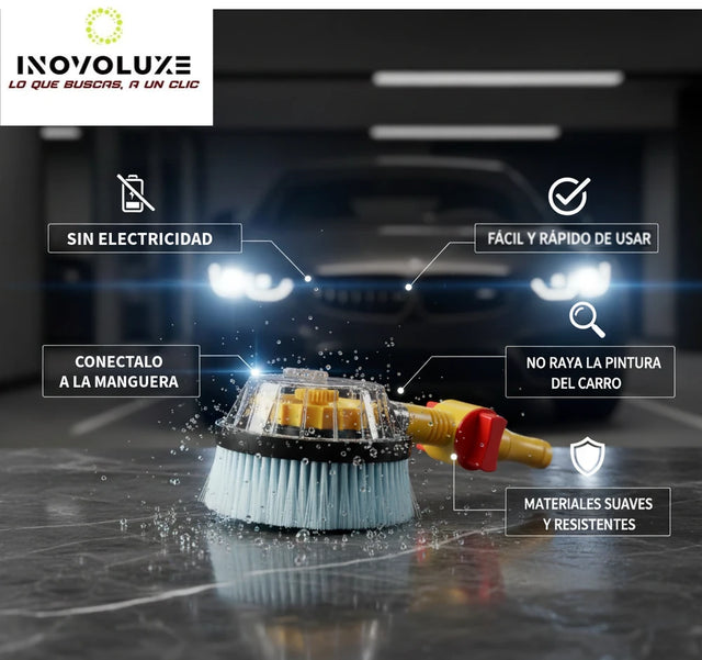 Inovoluxe HydroBrush 360 – Cepillo Giratorio a Presión y lleva GRATIS Boquilla Multifunción 6 en 1 para Manguera