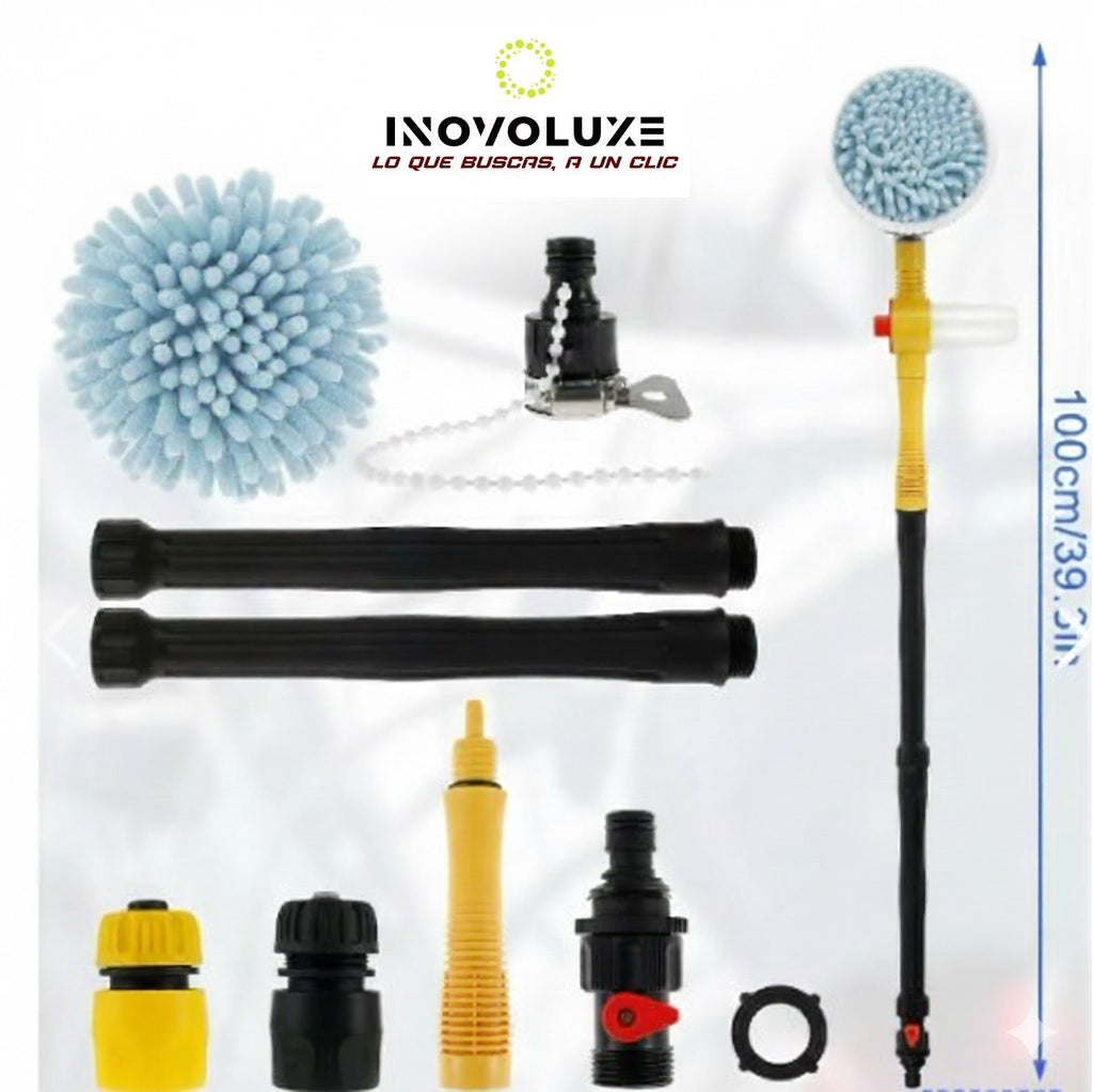 Inovoluxe HydroBrush 360 – Cepillo Giratorio a Presión y lleva GRATIS Boquilla Multifunción 6 en 1 para Manguera