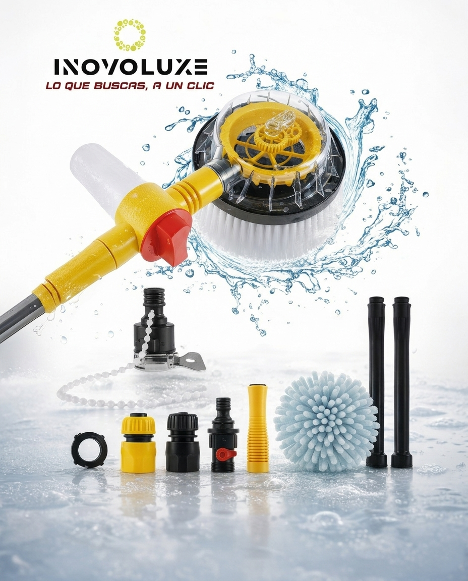 Inovoluxe HydroBrush 360 – Cepillo Giratorio a Presión y lleva GRATIS Boquilla Multifunción 6 en 1 para Manguera