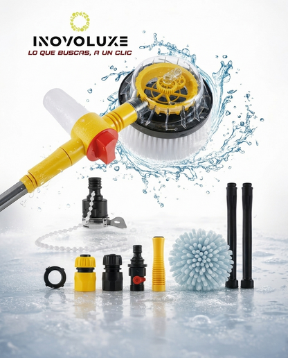 Inovoluxe HydroBrush 360 – Cepillo Giratorio a Presión y lleva GRATIS Boquilla Multifunción 6 en 1 para Manguera