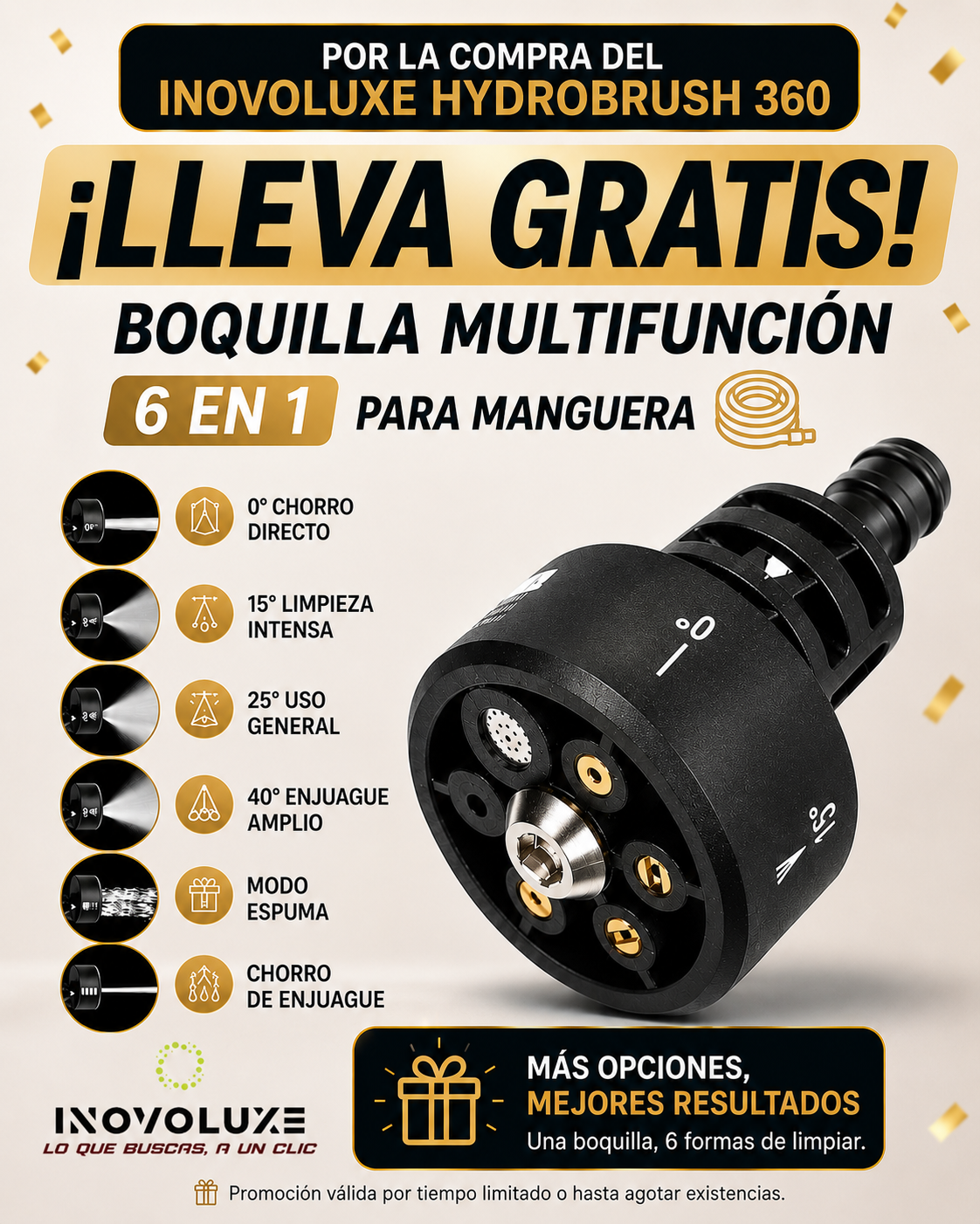Inovoluxe HydroBrush 360 – Cepillo Giratorio a Presión y lleva GRATIS Boquilla Multifunción 6 en 1 para Manguera